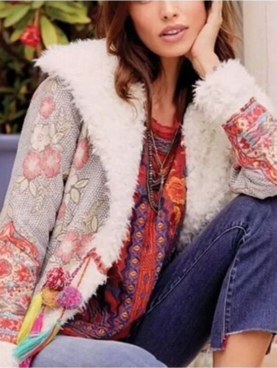 Johnny Was Jackets & Blazers - Johnny was Biya Quadra floral jackard hooded jacket faux shearling XL EUC